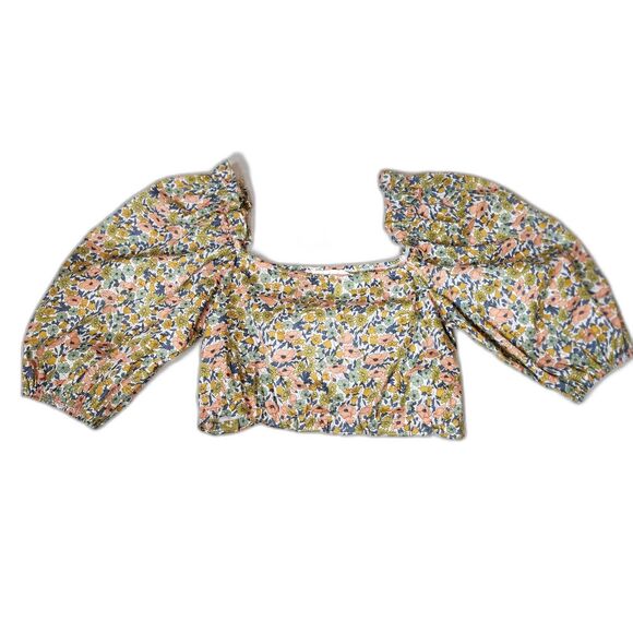 Blush J Floral Puffy Sleeve Top NWT 1/2 Sleeves Milkmaid Crop Blouse Cotton Med. - Picture 2 of 7